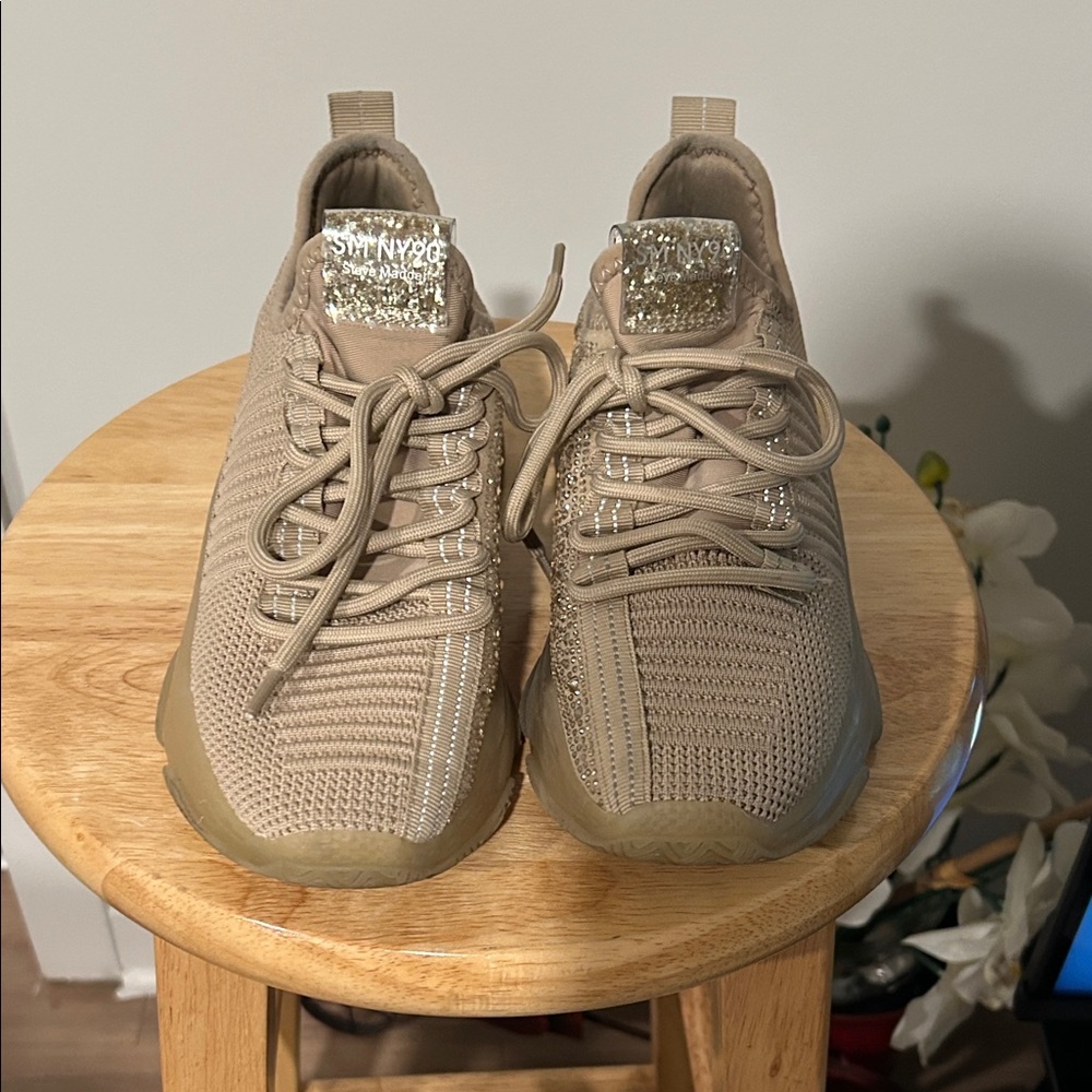 Steve Madden Taupe Knit Sneakers with Glitter Tongue